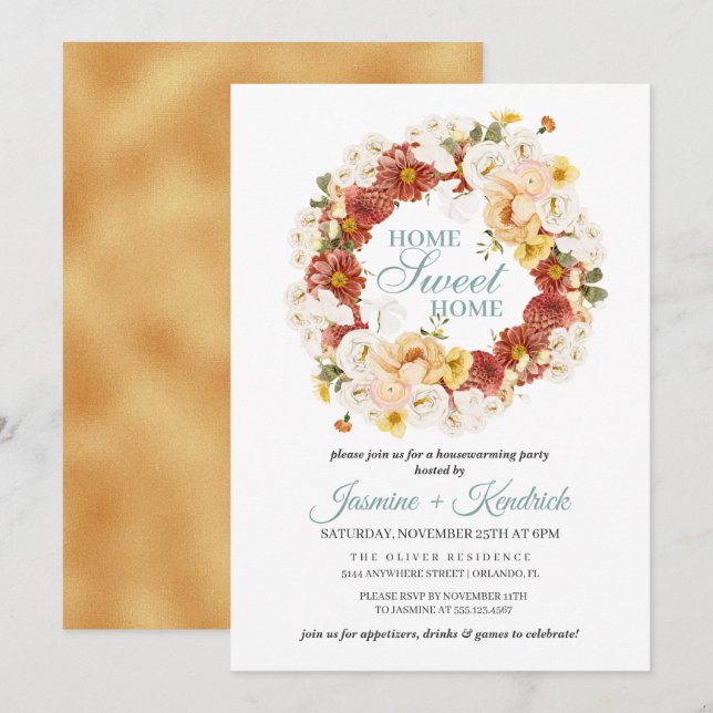 Rustic Autumn Floral Wreath Housewarming Invitation (Front/Back)