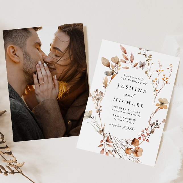 Rustic Autumn Floral Wreath Photo Wedding Invitation (Creator Uploaded)