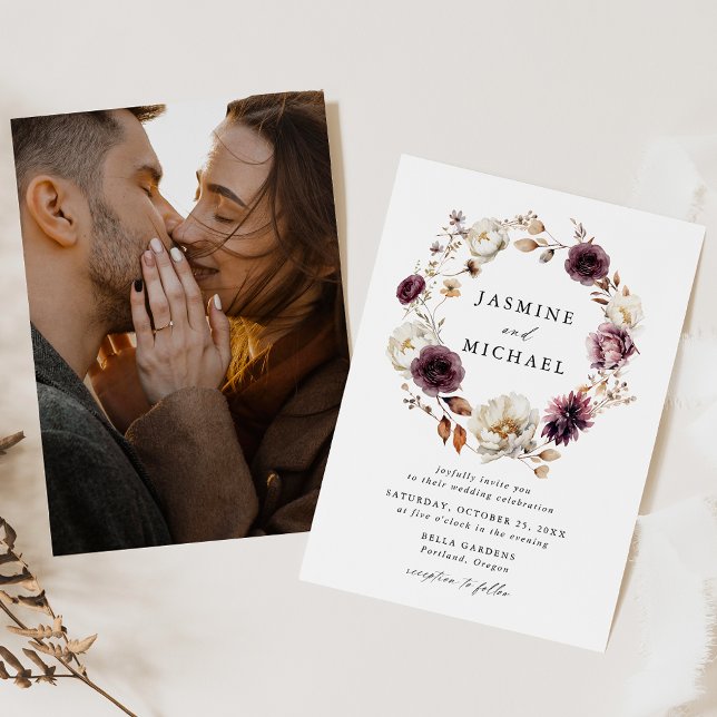 Rustic Autumn Floral Wreath Photo Wedding Invitation (Creator Uploaded)