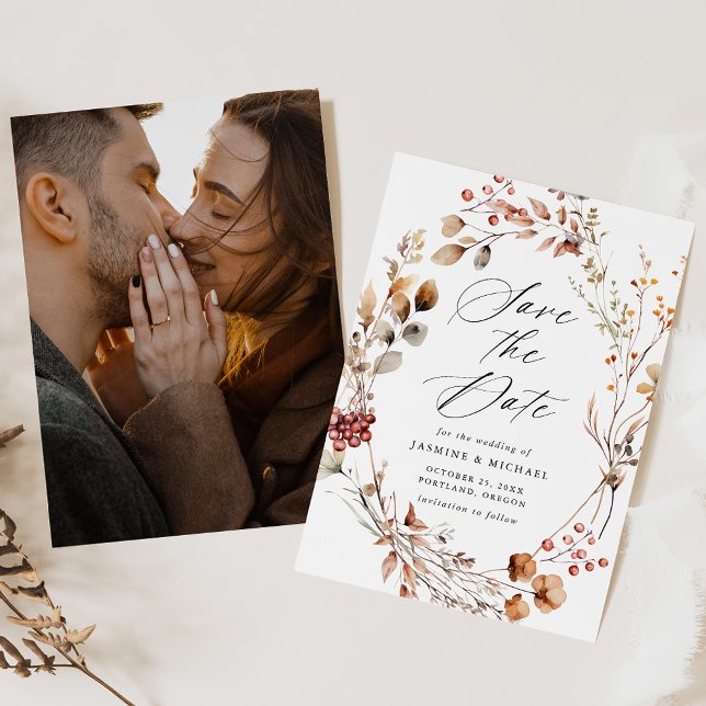 Rustic Autumn Floral Wreath Photo Wedding Save The Date (Creator Uploaded)