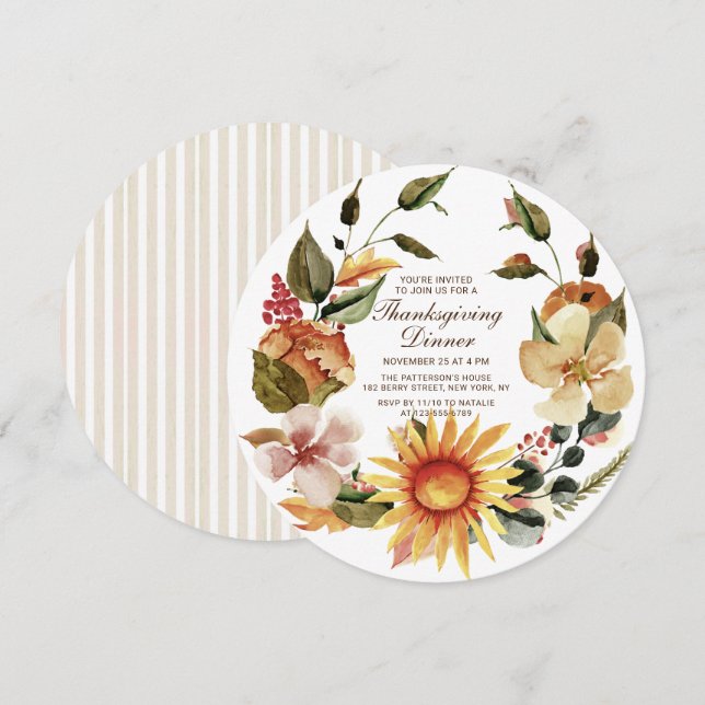 Rustic Autumn Floral Wreath Thanksgiving Dinner Invitation (Front/Back)