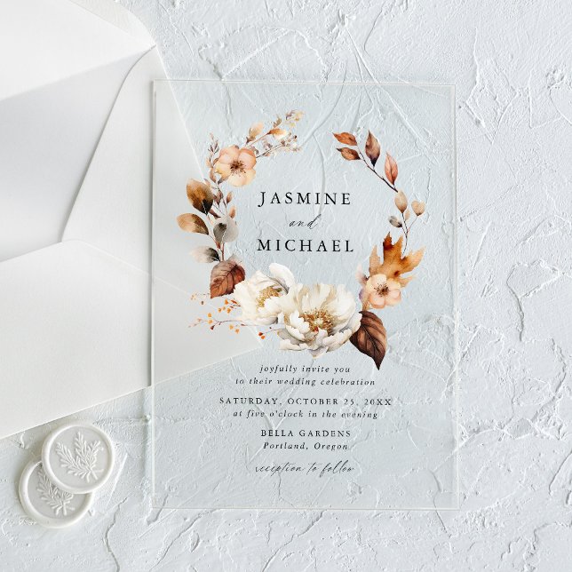 Rustic Autumn Floral Wreath Wedding Acrylic Invitations (Creator Uploaded)
