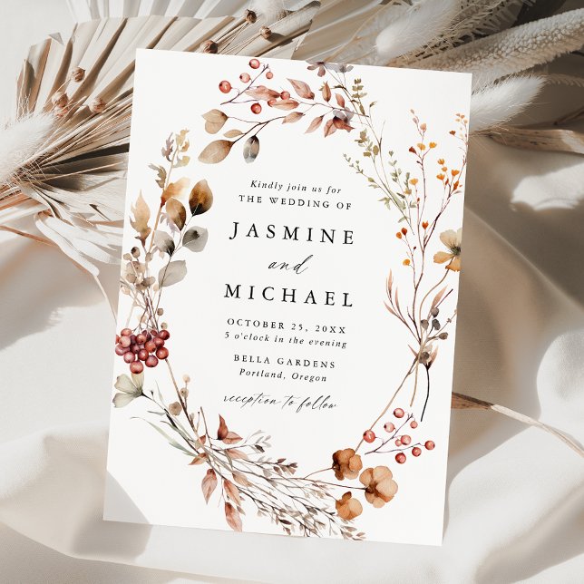 Rustic Autumn Floral Wreath Wedding Invitation (Creator Uploaded)