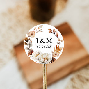 Rustic Autumn Floral Wreath Wedding Monogram Classic Round Sticker