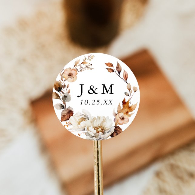 Rustic Autumn Floral Wreath Wedding Monogram Classic Round Sticker (Creator Uploaded)