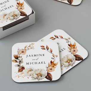 Rustic Autumn Floral Wreath Wedding Square Paper Coaster