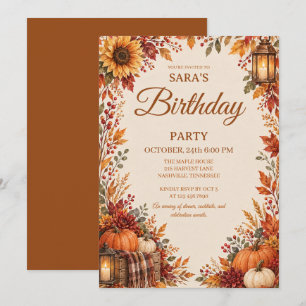 Rustic Autumn Florals and Pumpkins Birthday Invitation