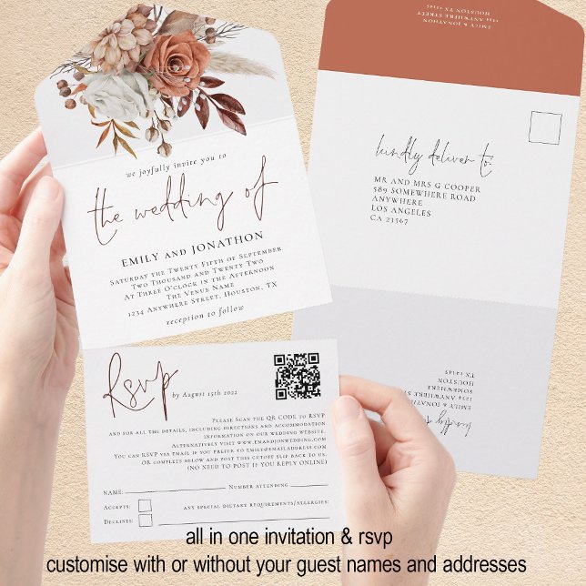 Rustic Autumn Florals QR Code Script Wedding All In One Invitation (All in one invitaion and rsvp - customise with or without your individual guest names and addresses)