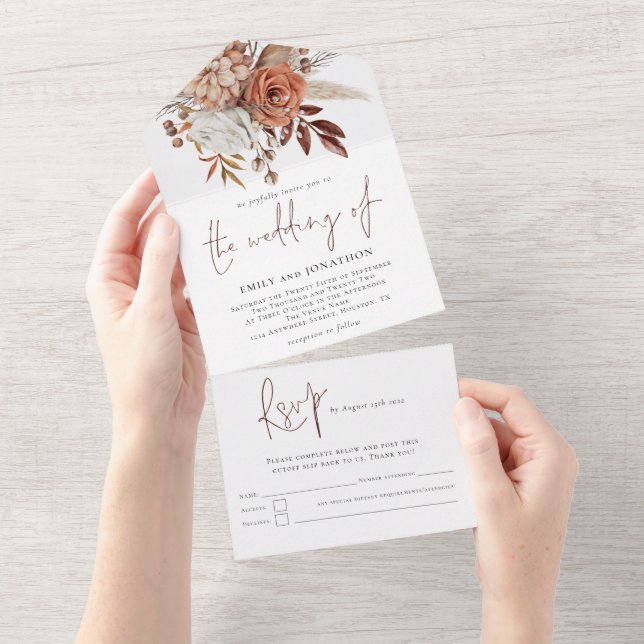 Rustic Autumn Florals Script Wedding All In One Invitation (Tearaway)