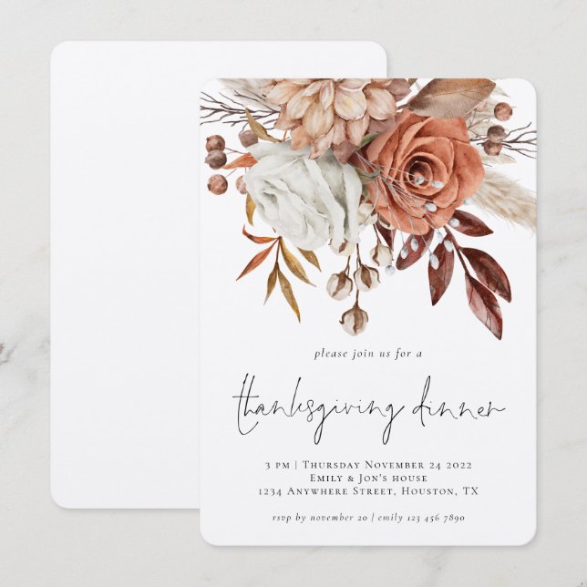 Rustic Autumn Florals Terracotta Thanksgiving  Invitation (Front/Back)