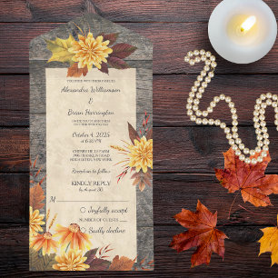 Rustic Autumn Flowers on Wood All In One Invitation