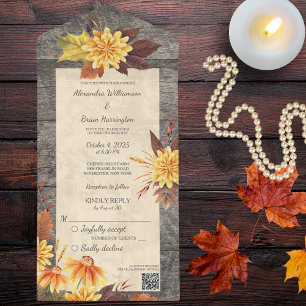 Rustic Autumn Flowers on Wood with QR Code  All In One Invitation