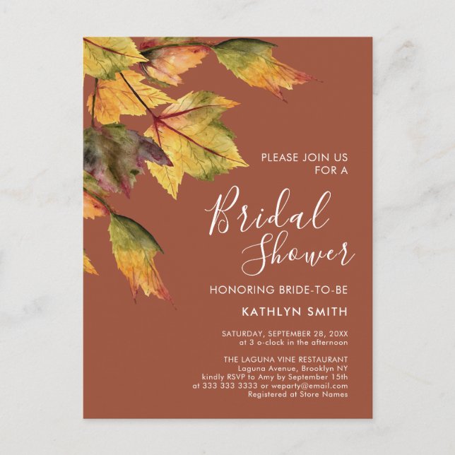 Rustic Autumn Foliage Fall Wedding Bridal Shower Invitation Postcard (Front)