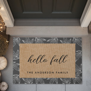 Rustic Autumn Foliage Hello Fall Family Name Doormat