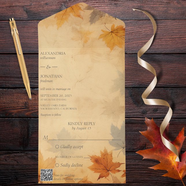 Rustic Autumn Foliage QR Code All In One Invitation (Also available without QR code. )