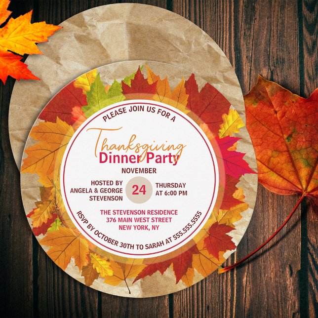 Rustic Autumn Foliage Thanksgiving Dinner Party Invitation (Creator Uploaded)