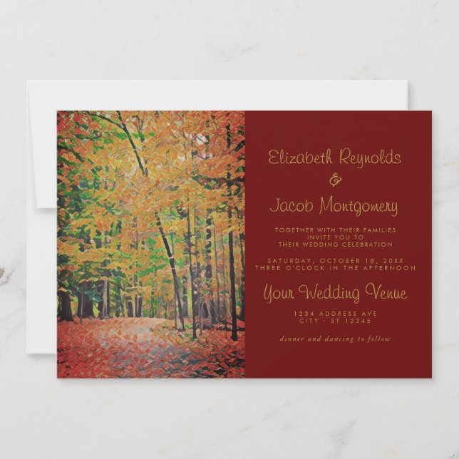 Rustic Autumn Forest Burgundy & Gold Wedding Invitation (Front)
