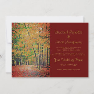 Rustic Autumn Forest Burgundy & Gold Wedding Invitation