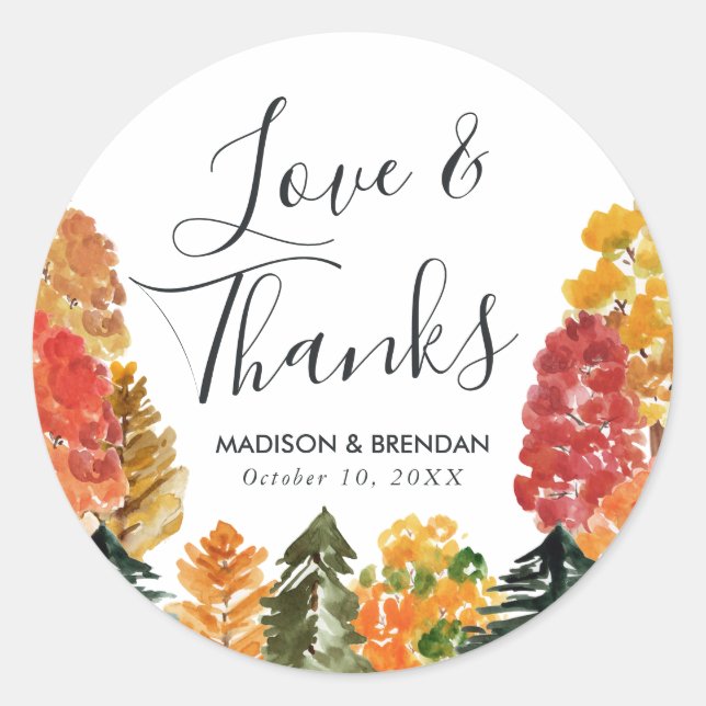Rustic Autumn Forest Fall Wedding Classic Round Sticker (Front)