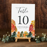 Rustic Autumn Forest Fall Wedding Table Number<br><div class="desc">Add a personalised touch to your fall wedding Rustic Autumn Forest wedding table number cards. The autumn wedding table number cards feature the table number, names, and wedding date framed by a border of watercolor trees in shades of yellow, orange, burgundy, rust, and green. The design repeats on the back....</div>