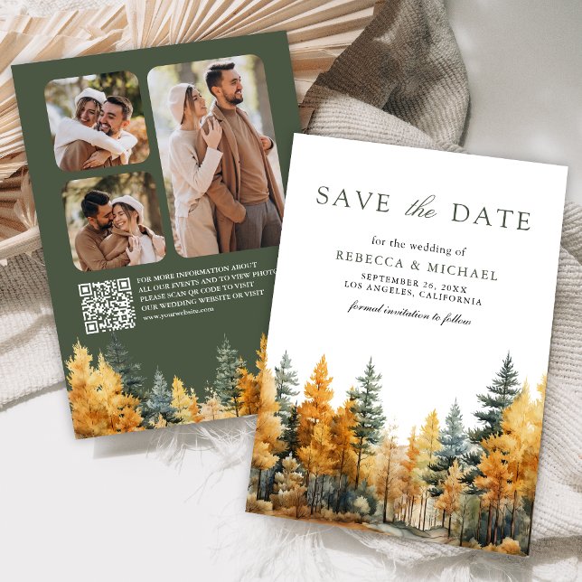 Rustic Autumn Forest Photo QR Code Wedding Save The Date (Creator Uploaded)