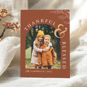 Rustic Autumn Glow Thankful and Blessed Photo Holiday Card