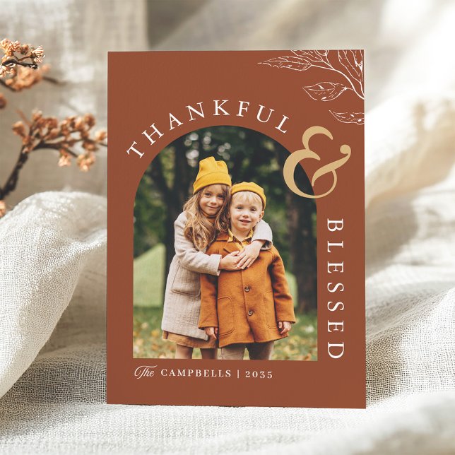 Rustic Autumn Glow Thankful and Blessed Photo Holiday Card (Creator Uploaded)