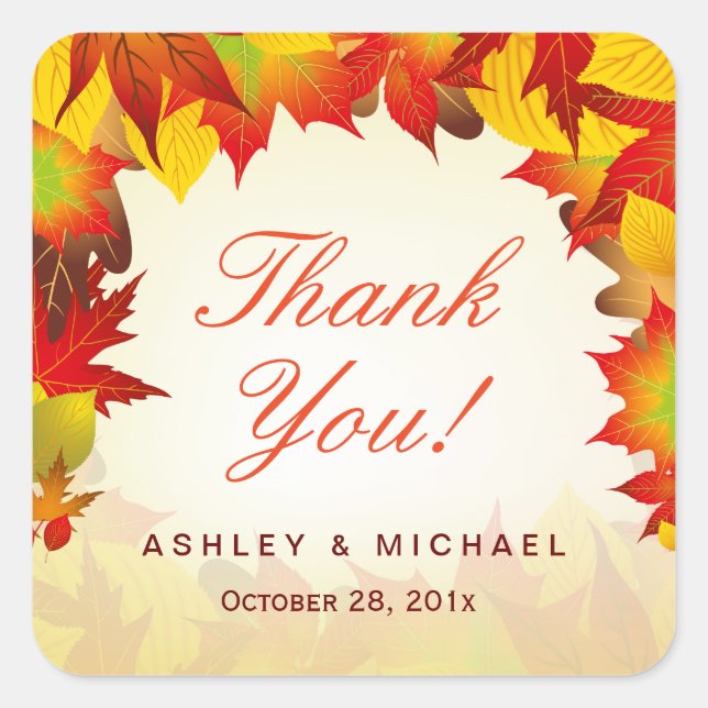 Rustic Autumn Gold Maple Fall Leaves | Thank You Square Sticker (Front)