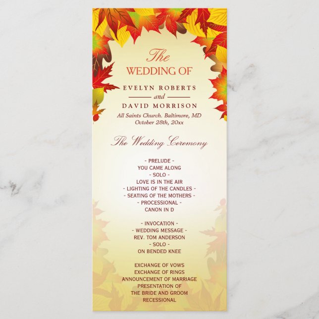 Rustic Autumn Gold Red Fall Leaves Wedding Program Programme (Front)