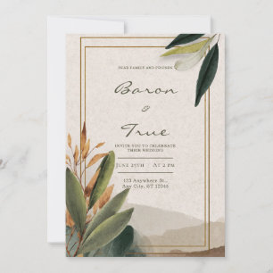 Rustic Autumn Greenery Gold Frame Wedding Invitation