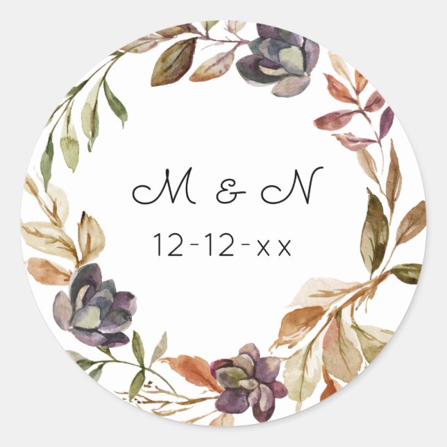 Rustic Autumn Greenery Monogram Classic Round Sticker (Front)