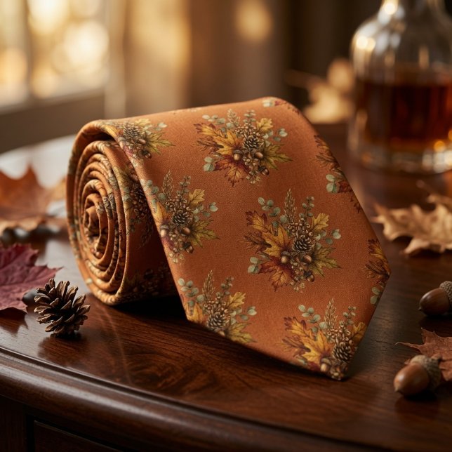 Rustic Autumn Harvest Botanical Leaves Pinecone Tie (Creator Uploaded)
