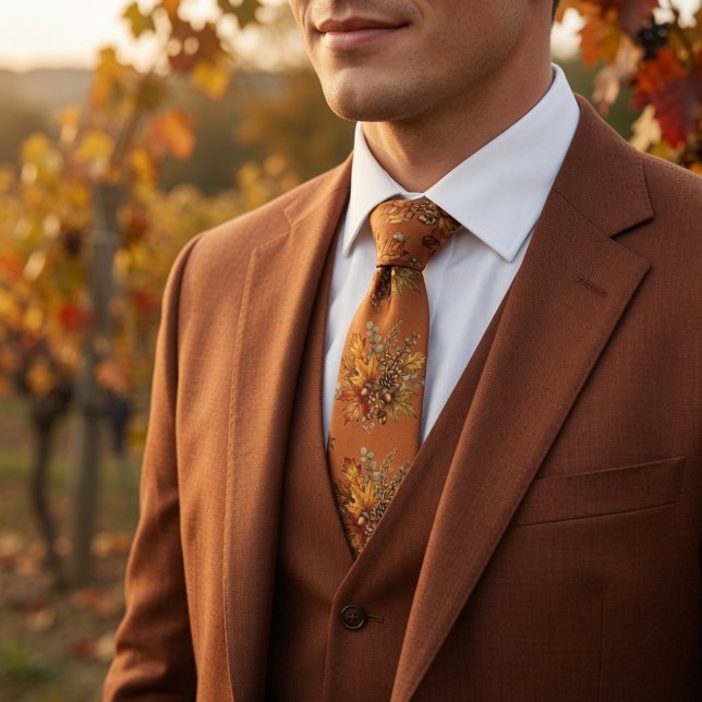 Rustic Autumn Harvest Botanical Leaves Pinecone Tie (Creator Uploaded)