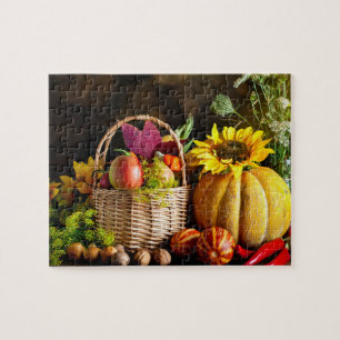 Rustic Autumn Harvest Flowers Pumpkin Jigsaw Puzzle