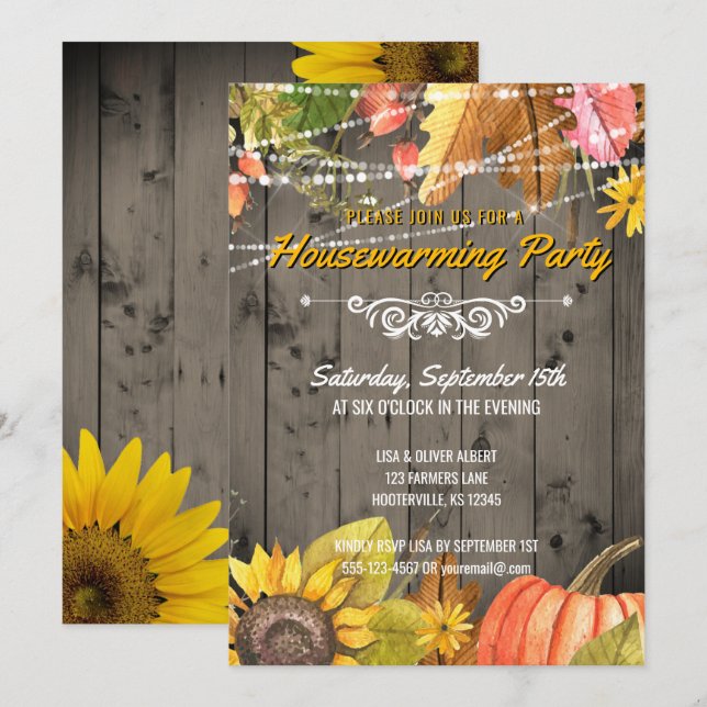 Rustic Autumn Housewarming Party Barnwood Lights Invitation (Front/Back)