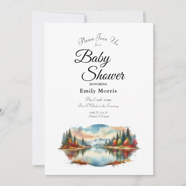 Rustic Autumn Lakeside Forest Baby Shower Invitation (Front)