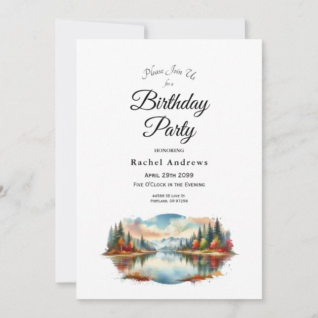 Rustic Autumn Lakeside Forest Birthday Party Invitation (Front)