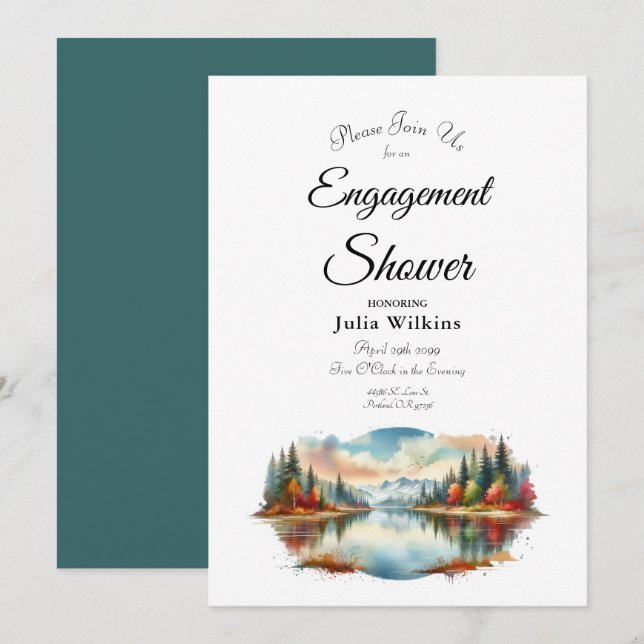 Rustic Autumn Lakeside Forest Engagement Shower Invitation (Front/Back)