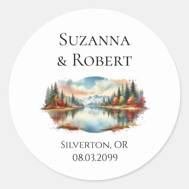 Rustic Autumn Lakeside Forest Wedding Classic Round Sticker (Front)