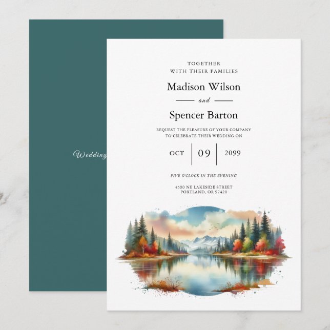 Rustic Autumn Lakeside Forest Wedding Invitation (Front/Back)