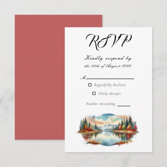 Rustic Autumn Lakeside Forest Wedding RSVP Card (Front/Back)