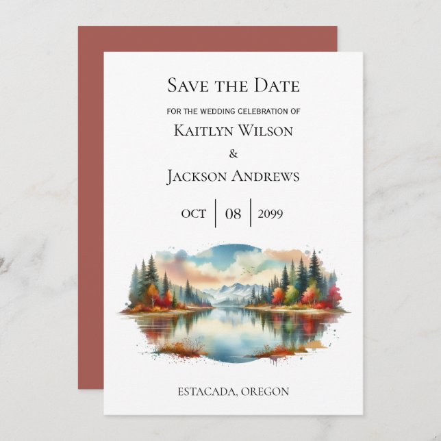 Rustic Autumn Lakeside Forest Wedding Save The Date (Front/Back)