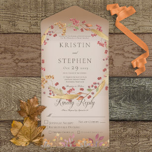 Rustic Autumn Leaf & Berry Wreath Brown Dinner All In One Invitation