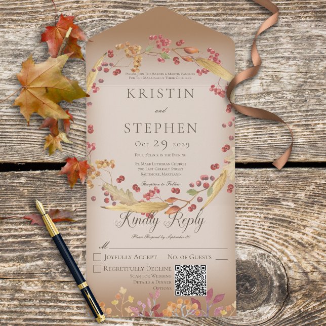 Rustic Autumn Leaf & Berry Wreath Brown QR Code All In One Invitation (Creator Uploaded)