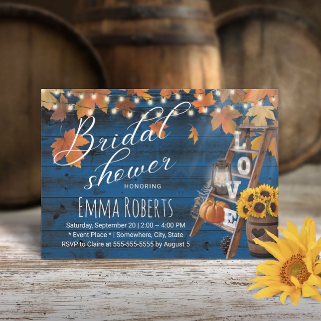 Rustic Autumn Leave Love Ladder Navy Bridal Shower Invitation (Creator Uploaded)