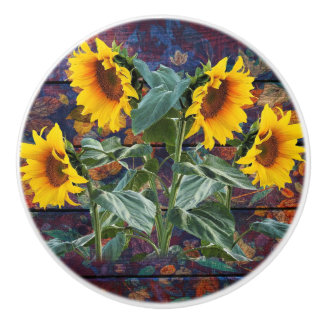 Rustic Autumn Leaves and Sunflowers Ceramic Knob