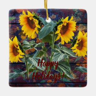 Rustic Autumn Leaves and Sunflowers Ceramic Ornament