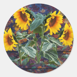 Rustic Autumn Leaves and Sunflowers Classic Round Sticker