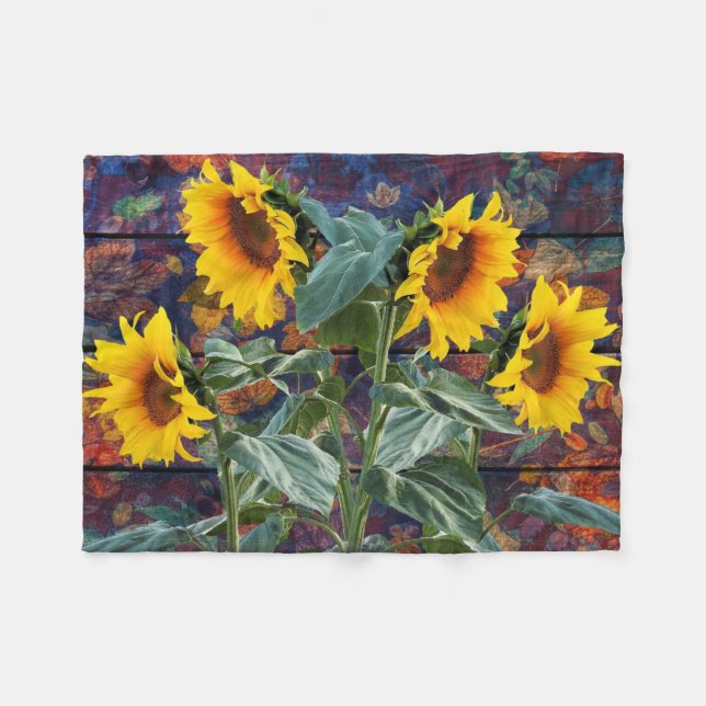 Rustic Autumn Leaves and Sunflowers Fleece Blanket (Front (Horizontal))