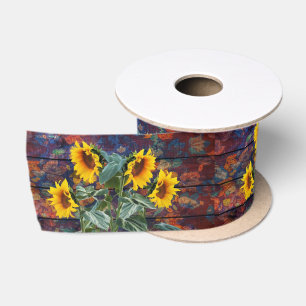 Rustic Autumn Leaves and Sunflowers Satin Ribbon